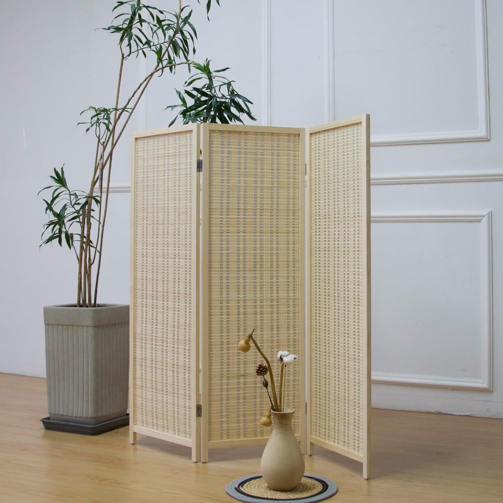 Partition Screen Divider - ฉากกั้นห้องแบบ 3 แผงสีเบจ, ฉากกั้นห้องแบบตั้งพื้น, ฉากกั้นห้องขนาดเล็กทำจากไม้ไผ่สำหรับแยกห้อง, สูง