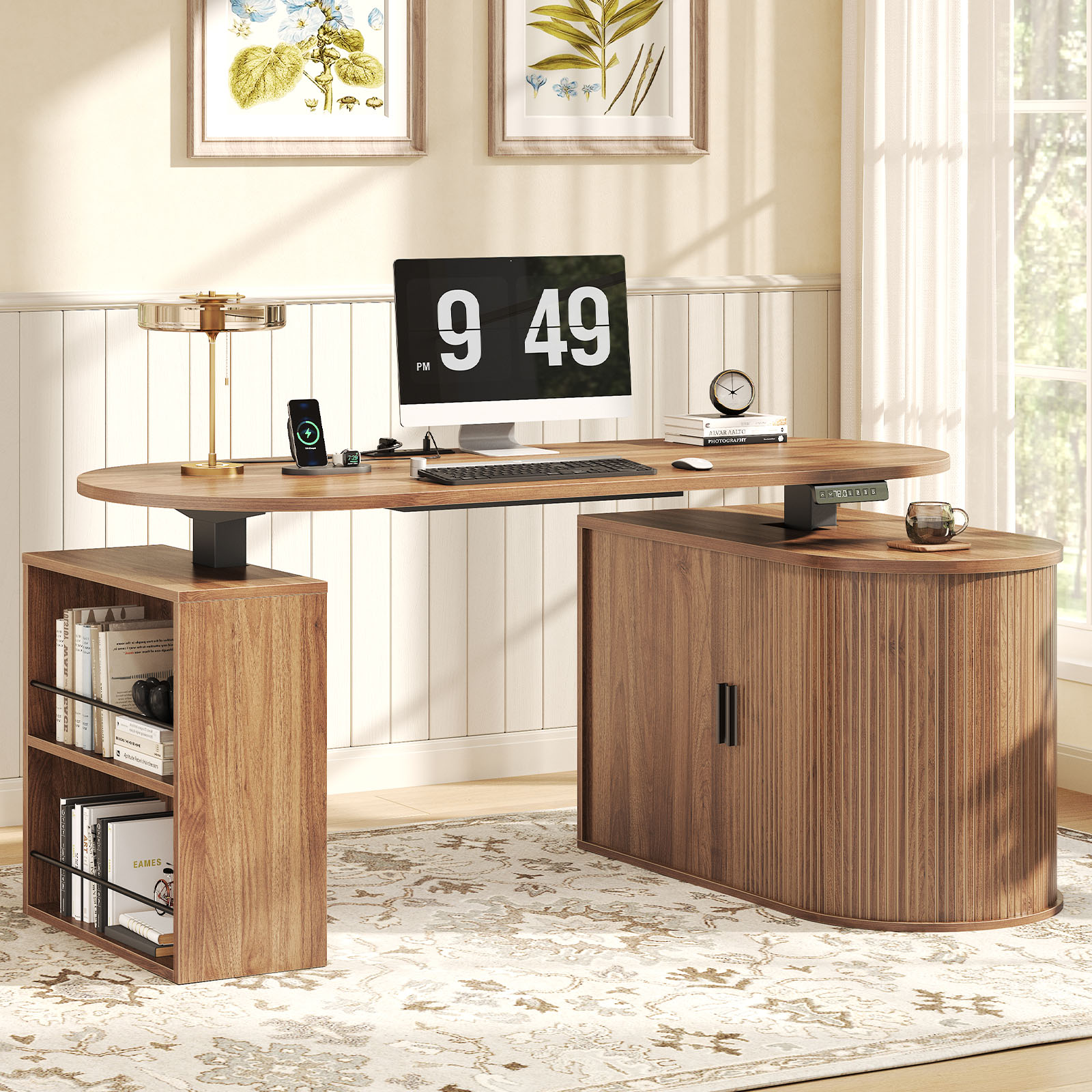 Standing Desk - โต๊ะทำงานคอมพิวเตอร์ไม้รูปตัว L ปรับระดับความสูงได้ พร้อมที่เก็บของขนาดใหญ่ ดีไซน์ใหม่ปี 2026
