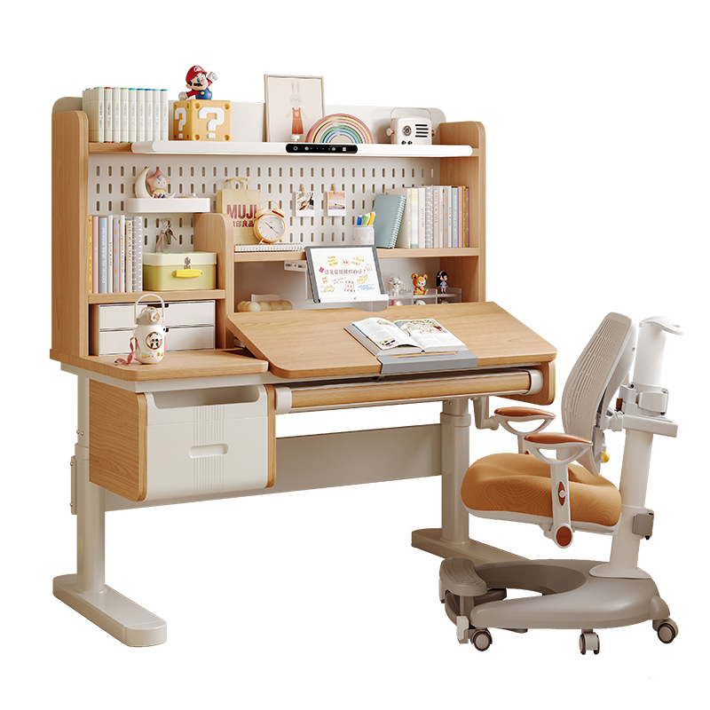 Desk Lamp - โต๊ะเขียนหนังสือไม้จริง โต๊ะเขียนหนังสือปรับระดับได้ พร้อมโคมไฟถนอมสายตา ชุดโต๊ะและเก้าอี้พร้อมชั้นวางหนังสือในตัว